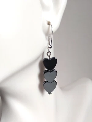 Hematite Heart Bead Stick Earrings Handmade Silver Tone Hook Blood Stone Casual  - Image 1 of 4