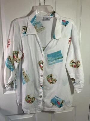 Hot Cotton Linen Beach Print Tunic Button up shirt white  SZ: Petite S  258D - Image 1 of 4