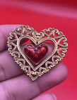 Vintage 1990 AVON Dangling Floating Heart Pin - Red Enamel Gold Tone