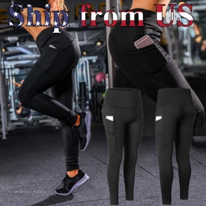 Women High Waist Yoga Pants Pockets Sport Gym Compression Leggings Fitness Tight - Picture 1 of 13