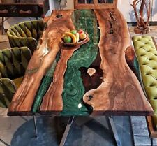 Custom Live Edge Epoxy Green Resin Wooden River Style Dining Office Table Top