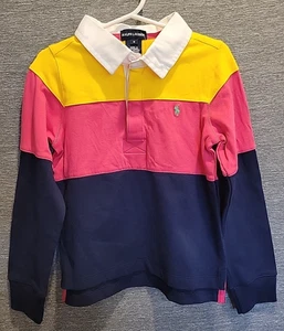 NEW Ralph Lauren Girl's 6 Long Sleeve Rugby Shirt Yellow Pink Blue Stretch Logo - Picture 1 of 8