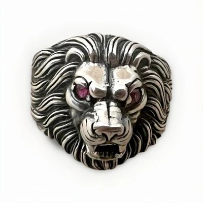 Anillo de plata esterlina león motociclista ojos rubí talla 9 marcado 925 Foto 1 de 4