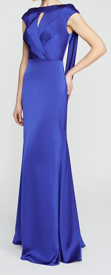 Maxi Vestido Theia Zaria Capucha Espalda Satén Talla 10 Negro Corbata Vestido de Gala Azul Diseñador Foto 1 de 4