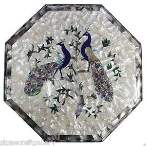18" Marble Side Table Top Peacock Inlay Pietra dura Art Handmade Home Decor - Picture 1 of 1