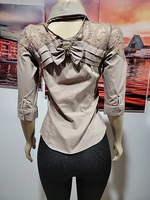 Blusa Top Elisabetta Franchi, Cloves Taupe Talla 40/M Borde de Encaje Abotonada #C Foto 1 de 4