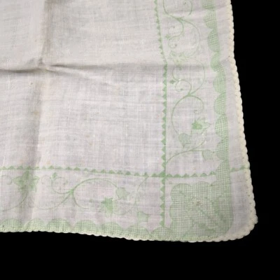 Vintage Hanky Handkerchief Linen Ivory and Green Flowers Floral 8” - Image 1 of 3
