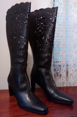 Bellini ‘Celine’ Black Leather Womens Laser Cut Knee High Heel Boots Sz 8 1/2 M - Image 1 of 4