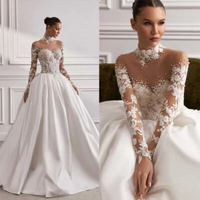 Boho Satin Brautkleider A-Linie Stehkragen Applikationen Perlen Plissee Braut - Bild 1 von 4