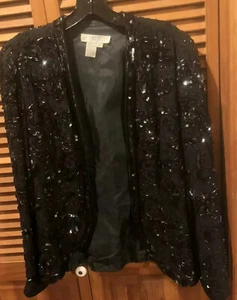 Suéter Chaqueta Brillante I MAGNIN Talla 10 Cuentas Forrado Abierto Negro Seda Con Cuentas - Imagen 1 de 7
