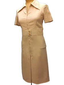 Vtg 60's Tan Linen Mod Zip Front Dress by The Pink Poodle Size XS - Picture 1 of 8