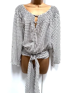 BCBG MAXAZRIA WHITE & BLACK SILK GYPSY SASH TIE SMOCK GYPSY BLOUSE TOP M 12 MINT - Picture 1 of 11