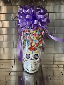 Skull Lollipop Candy Bouquet 150 Charms Lollipops-Ceramic Skull Planter Keepsake - Picture 1 of 10