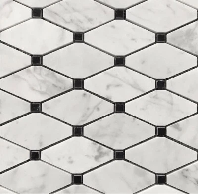Carrara Bianco Italian Marble Elongated Octagon Black Dot Stella Mosaic Tile - Image 1 of 2