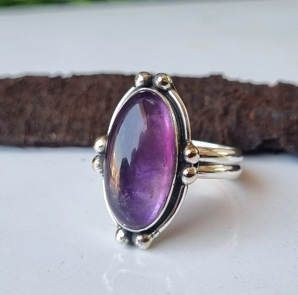 Amethyst Oval Gemstone 925 Sterling Silver Awesome Handmade Gift Her Ring PG1193 - Imagem 1 de 1