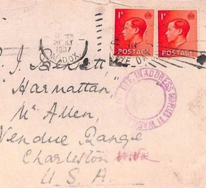 GB KEVIII 2d FRANKING Middx Cover USA Washington DEFICIENT ADDRESS 1937 BR154 - Picture 1 of 3