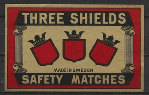 Juego de seguridad Three Shields hecho en Suecia etiqueta vintage caja de cerillas tamaño grande - Imagen 1 de 1