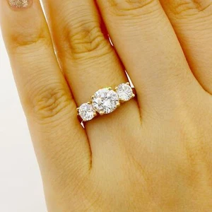 Three Stone Engagement Ring 2ct Round Cut Simulated Diamond Yellow Gold Plated - Picture 1 of 4
