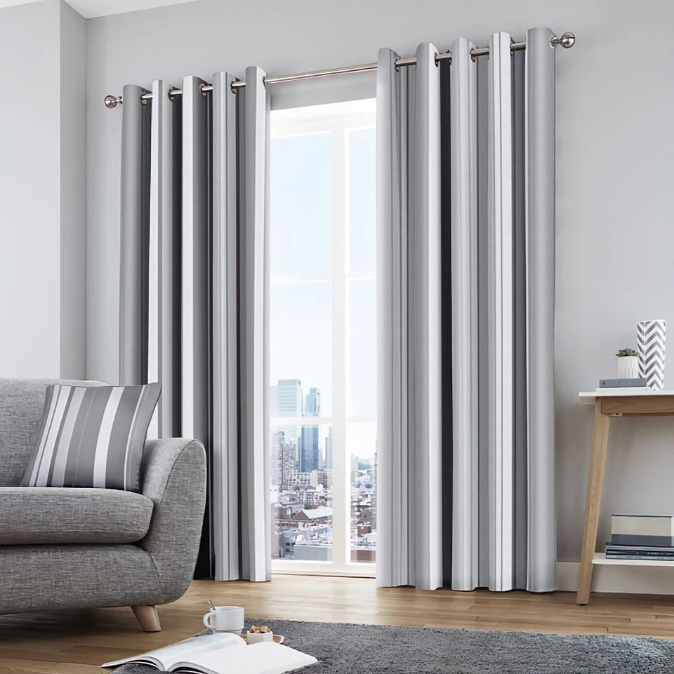 Fusion - Whitworth Stripe - 100% Cotton Pair of Eyelet Curtains - Grey