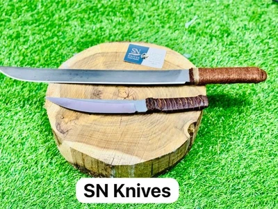 2PCS-CUSTOM HANDMADE SPRING STEEL HUNTING JAPANESE KATANA SWORD WITH MINI KNIFE - Image 1 of 4