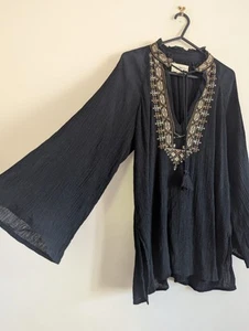 Ralph Lauren Denim & Supply Black Boho Peasant Bohemian Smock Blouse Top Cotton - Picture 1 of 6