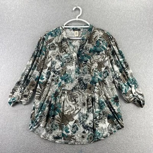 Cocomo Popover Top Blouse XL Floral Roll Tab Pleated Studded Pullover - Picture 1 of 9