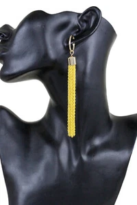 Women Earrings Set Fashion Jewelry Long Yellow Metal Chain Tassel Dangle Fringes - Picture 1 of 11