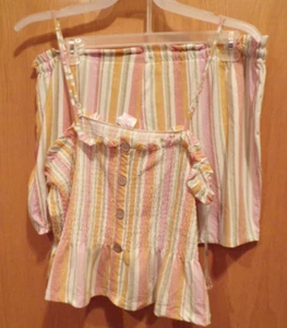Elfenbein Erdtöne gestreift 2 Stck. Kittel Shorts Set ~ Junior LARGE (11-13) ~ NEU mit Etikett - Bild 1 von 2