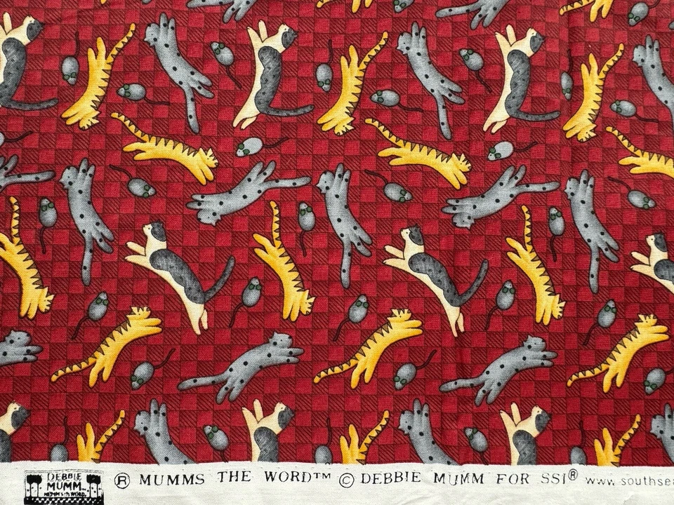 Edredón Debbie Mumm tela de algodón gatos, ratones en rojo a cuadros 4 3/4 + 1 1/2 yardas Foto 1 de 1