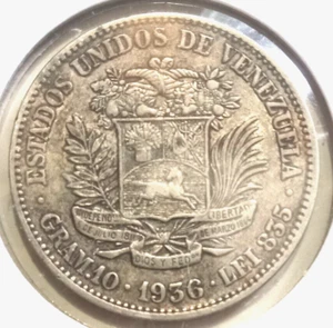 1936 Venezuela 2 Bolivares Silver, 0.2685 asw VF - Picture 1 of 2