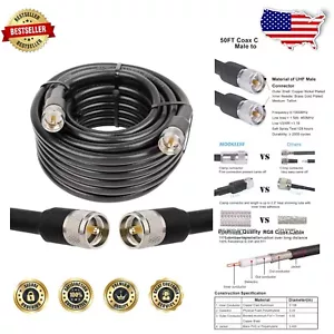 Weatherproof 50ft PL-259 Coax Cable - Heavy Duty UHF Male Connector for Radios - Picture 1 of 8