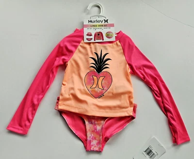 Traje de baño Tankini Hurley 3T niñas 3 piezas L/S protector contra erupciones rosa naranja piña + sombrero Foto 1 de 4