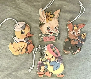 Happy Easter Bunny Rabbit Duckling Vintage Retro Style wood Ornament Magent 4pc - Picture 1 of 7