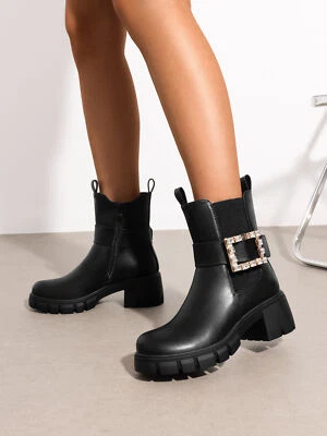 Mujeres Botines Estrás Hebilla Chelsea Botas Moda Plataforma Gruesas Botas Foto 1 de 4