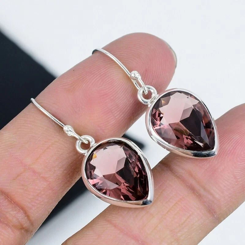 Graziosa Rosa Ametista Gemma Goccia/Pendente Etnico Orecchini 925 Argento - Immagine 1 di 4