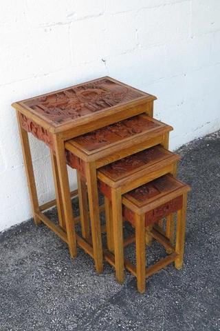 Oriental Hollywood Regency Heavy Carved Nesting Tables Set of Four 2994 Cover