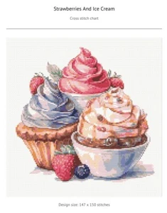 Printed Strawberries and ice cream cross stitch pattern with colour DMC chart - Picture 1 of 3