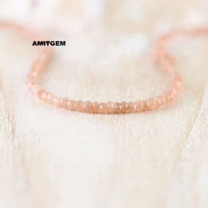 925 Sterling Silver Natural Peach Moonstone  3-4 mm  Beads Necklace 18" - Picture 1 of 3