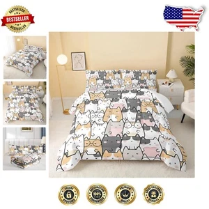 Kawaii Cat Full Size Comforter Set for Kids - Soft & Lightweight 3-Piece Bedding - Picture 1 of 9