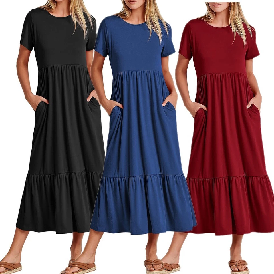 Women Ladies Maxi Dress Cocktail Party Evening Summer Beach Pockets Sundress - Image 1 of 4