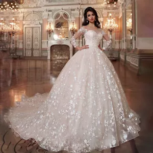 Princess Ball Wedding Dresses Lace Applique Lace Up Beaded A-line Bridal Gowns - Picture 1 of 8