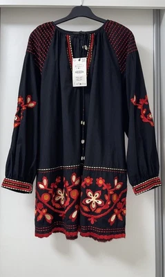ZARA BLACK RED FLORAL EMBROIDERY V-NECK LINEN COTTON BLEND SHORT DRESS SIZE S - Image 1 of 4