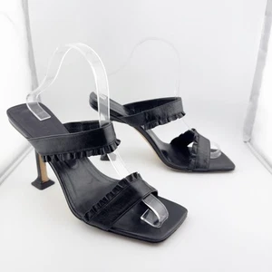 BY FAR Black Lamb Leather Ruched Heeled Mules Size 37 Square Toe Slip-On Sandals - Picture 1 of 12