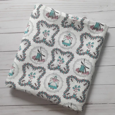Mid-Century Dutch Milkmaid Windmill Cotton Canvas Fabric White 3/4 yard - Image 1 of 4