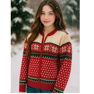 Lands End GIRLS SZ XL/16 100% Cotton Holiday Fair Isle Zip Front Sweater  - Image 1 of 4