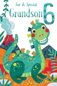 Tarjeta de 6 cumpleaños para un nieto especial - lindo dinosaurio, volcán - Imagen 1 de 2
