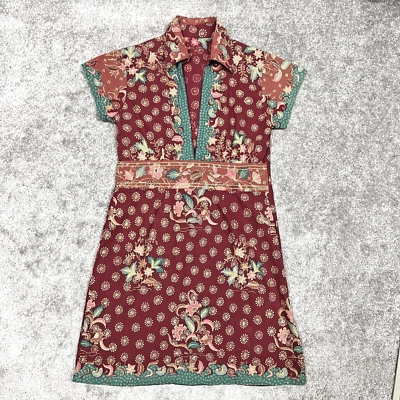 Indonesian Batik A-Line Dress Women's Small Floral French Sleeve Multicolor - Image 1 of 4