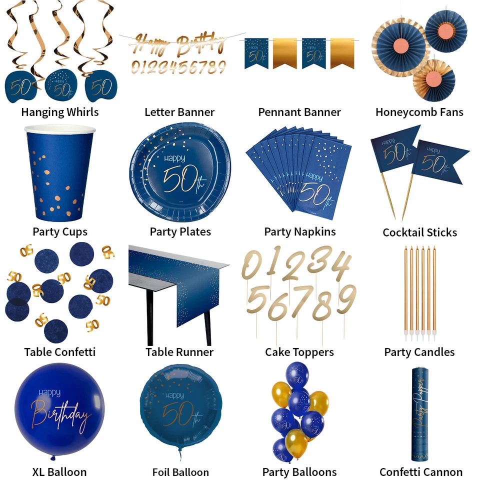 50TH BIRTHDAY TRUE BLUE STYLISH BIRTHDAY THEME - PARTYWARE COMPLETE SELECTION - Image 1 of 1
