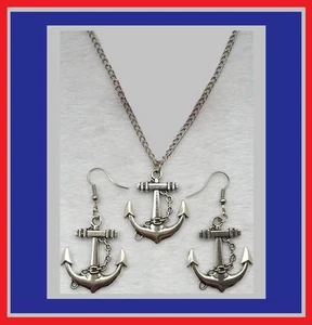 Cute New Tibetan/Antique Silver Nautical Anchor Pendant & Dangle Drop Earrings - Picture 1 of 12