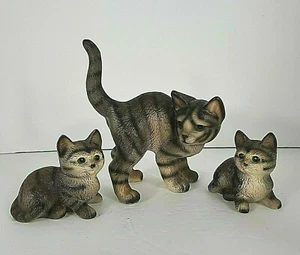 Lefton Cat and Kittens Set 3 Gray Tabby 1985 Hand Painted Vintage Figurines - Picture 1 of 2